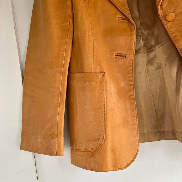 70s Vintage Karen Silton Brown Tan Leather Blazer Jacket XS Small Womens - Picture 3 of 6